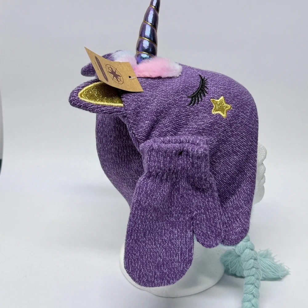 James Paul Youth Purple Unicorn Beanie Hat and Mitten Set Faux Fur Lined NWT